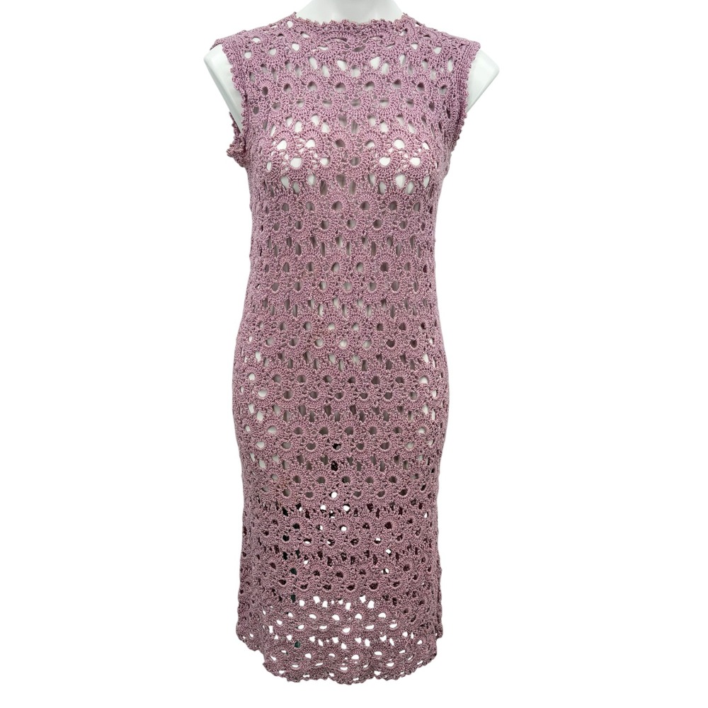 Handmade Crochet Dress Women SZ M Purple Boho Festival Sheer Openwork Knit Tunic